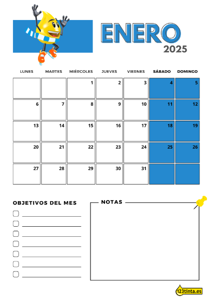 Calendario mensual 2025 para imprimir