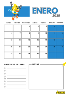 Imprimir Enero 2025 calendario